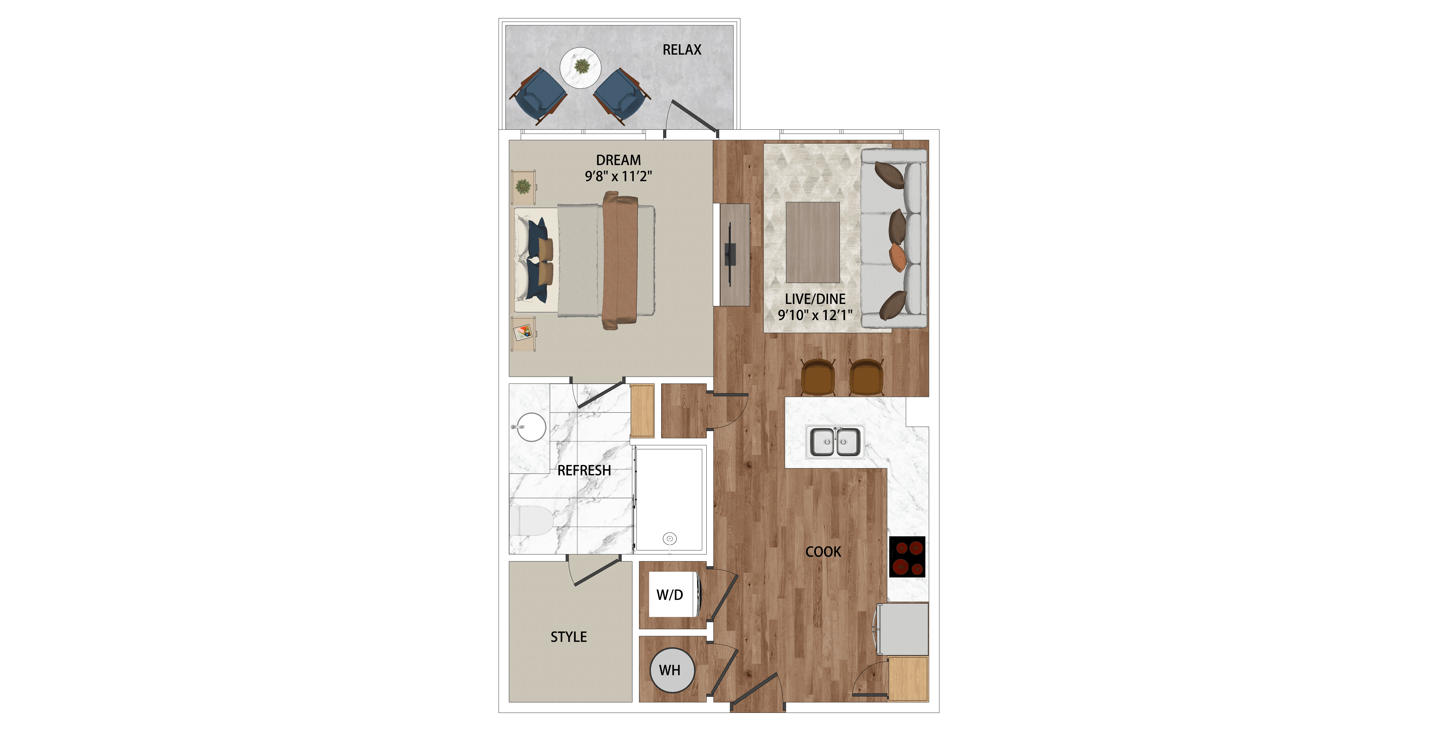 Floor plan for 1 bed, 1 bath, 578 sqft